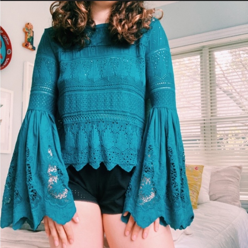 Free People Teal Lace Bell Sleeve Blouse